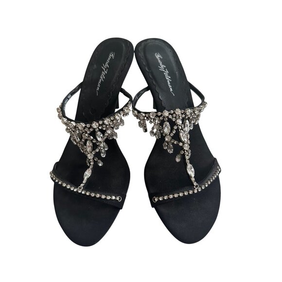 BEVERLY FELDMAN Rhinestone Black Satin Jeweled Sandals Heels Size 9 - Picture 3 of 12